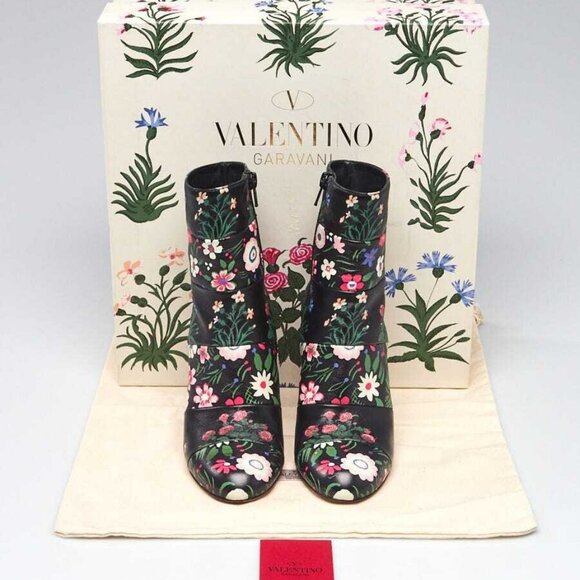 Valentino Black Floral Printed Leather Ankle Boots Size 4.5/35 - Picture 1 of 5